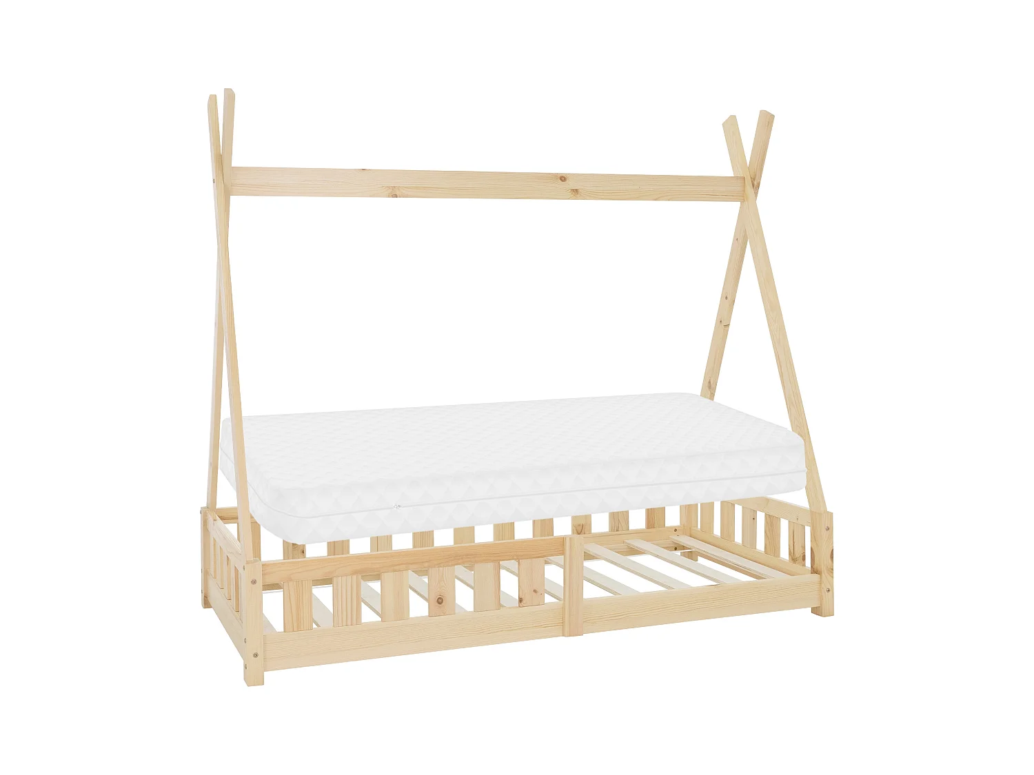 ML-Design Cama infantil tipi 80 x 160 cm color natural con colchón de espuma fría y somier estructura de listones con techo forma de tienda