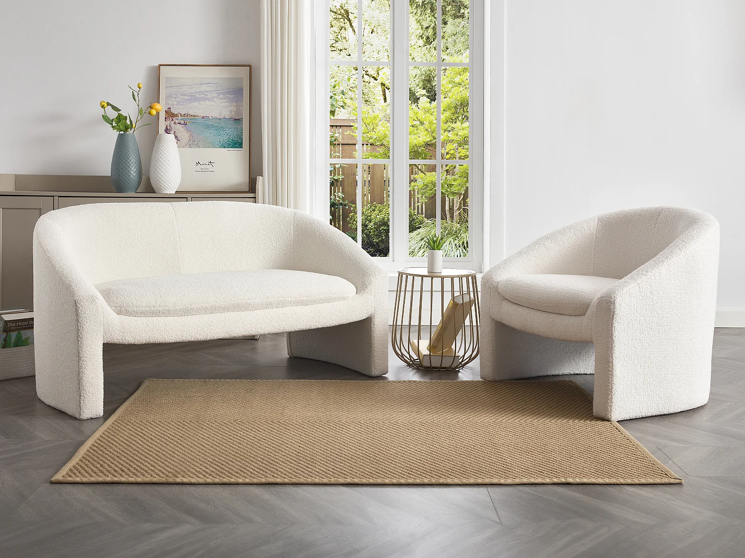Canapé 2 places et fauteuil en tissu bouclette blanc OSSANA