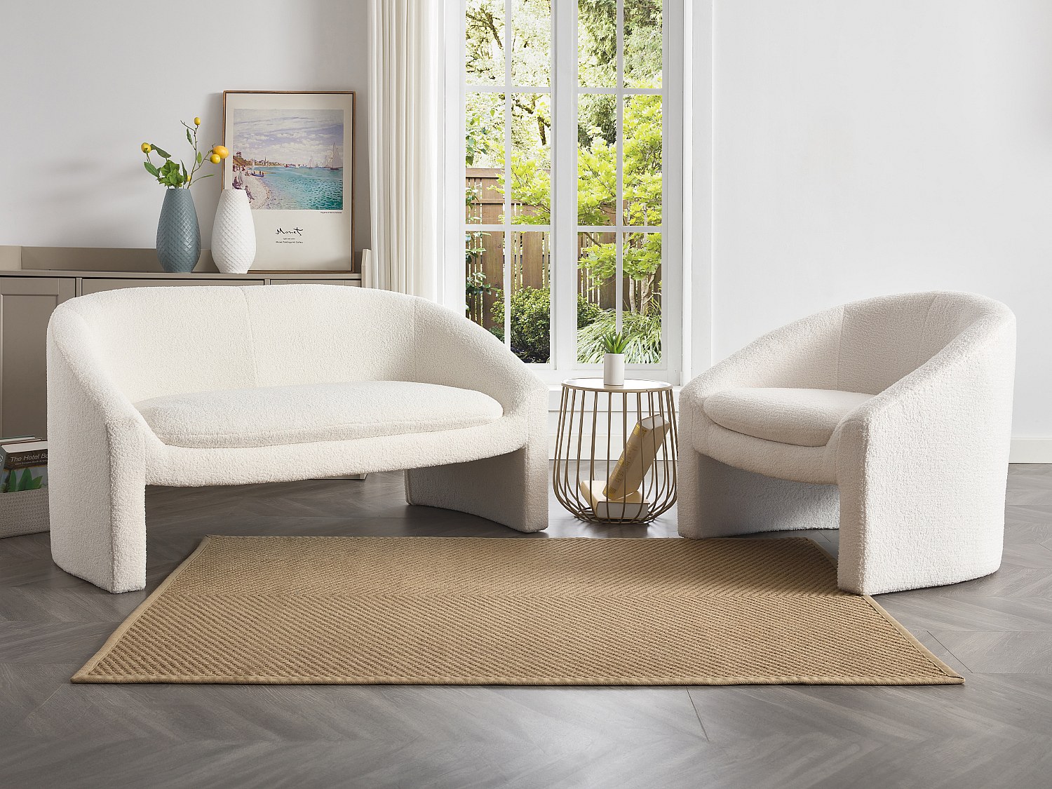 Vente-unique Sofa 2-Sitzer & Sessel - Bouclé-Stoff - Weiß - Ossana