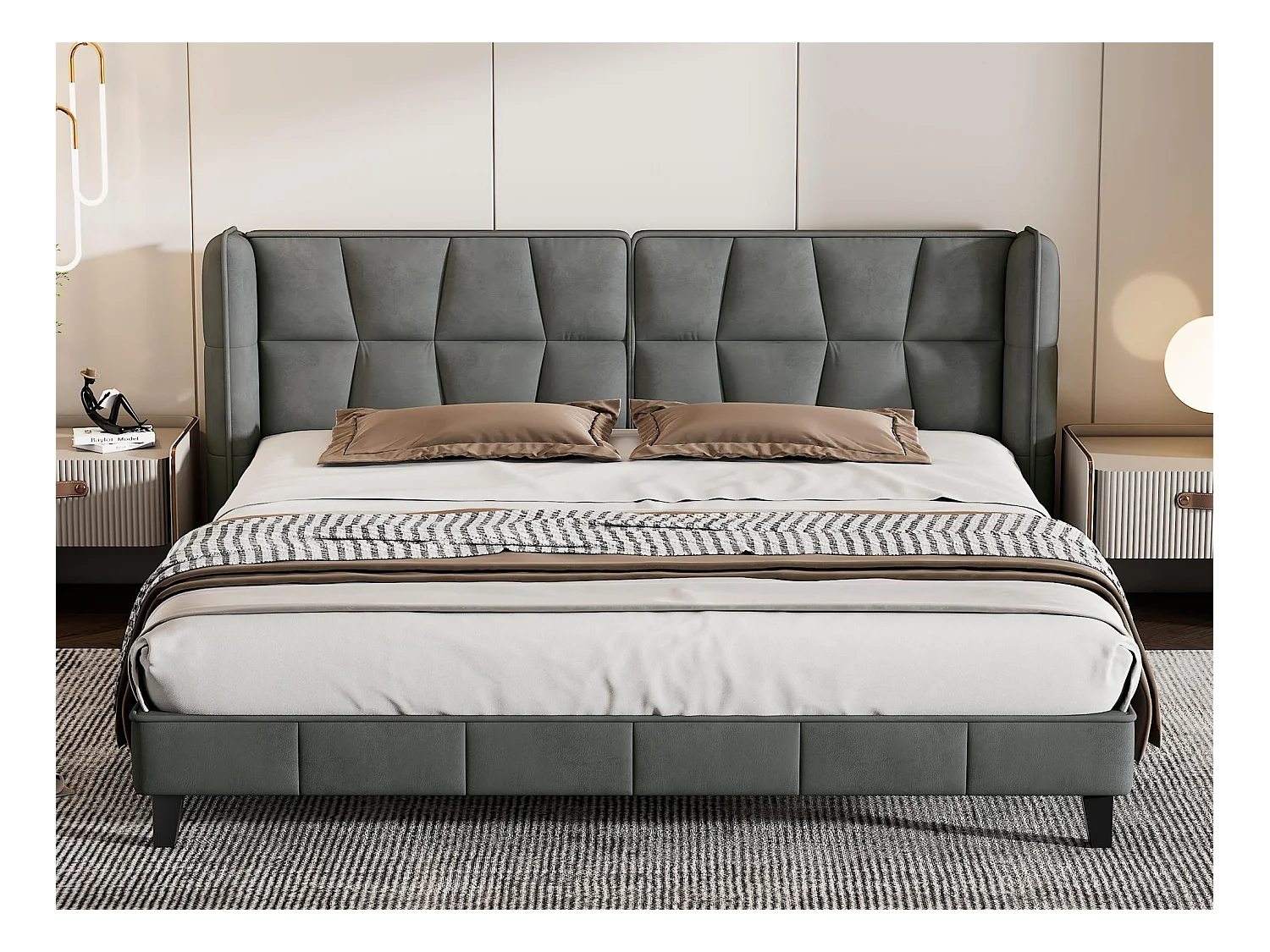 Tweepersoonsbed bekleed met fluweel - 160x200cm - met lattenbodem - Grijs