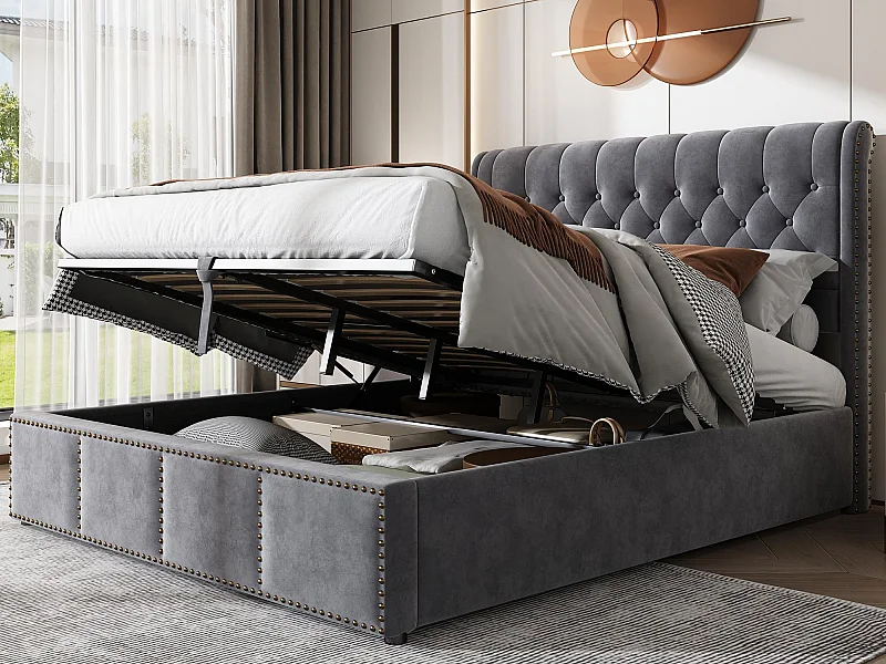 Mit Samt gepolstertes Stauraumbett – verziert mit Nieten – mit Lattenrost – 160 x 200 cm – Grau