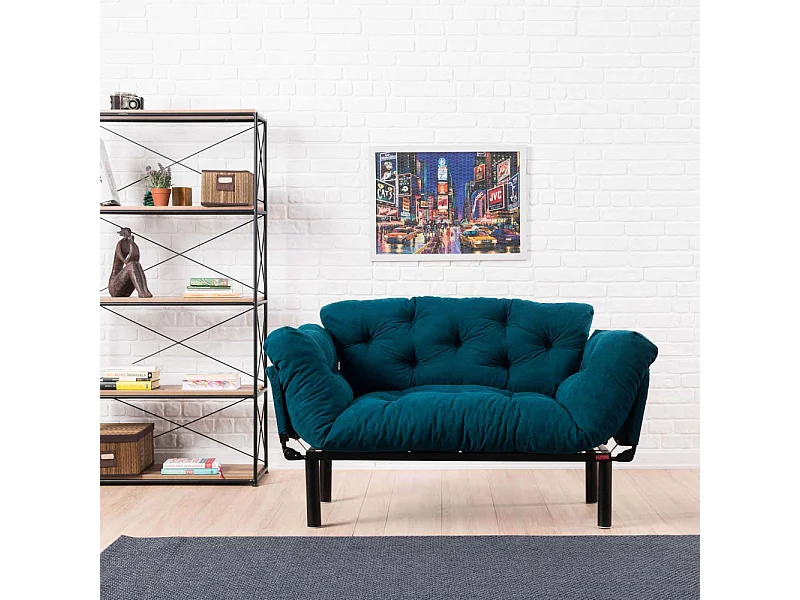 Canapé 2 places transformable en lit tissu bleu pétrole Pliaz 155cm