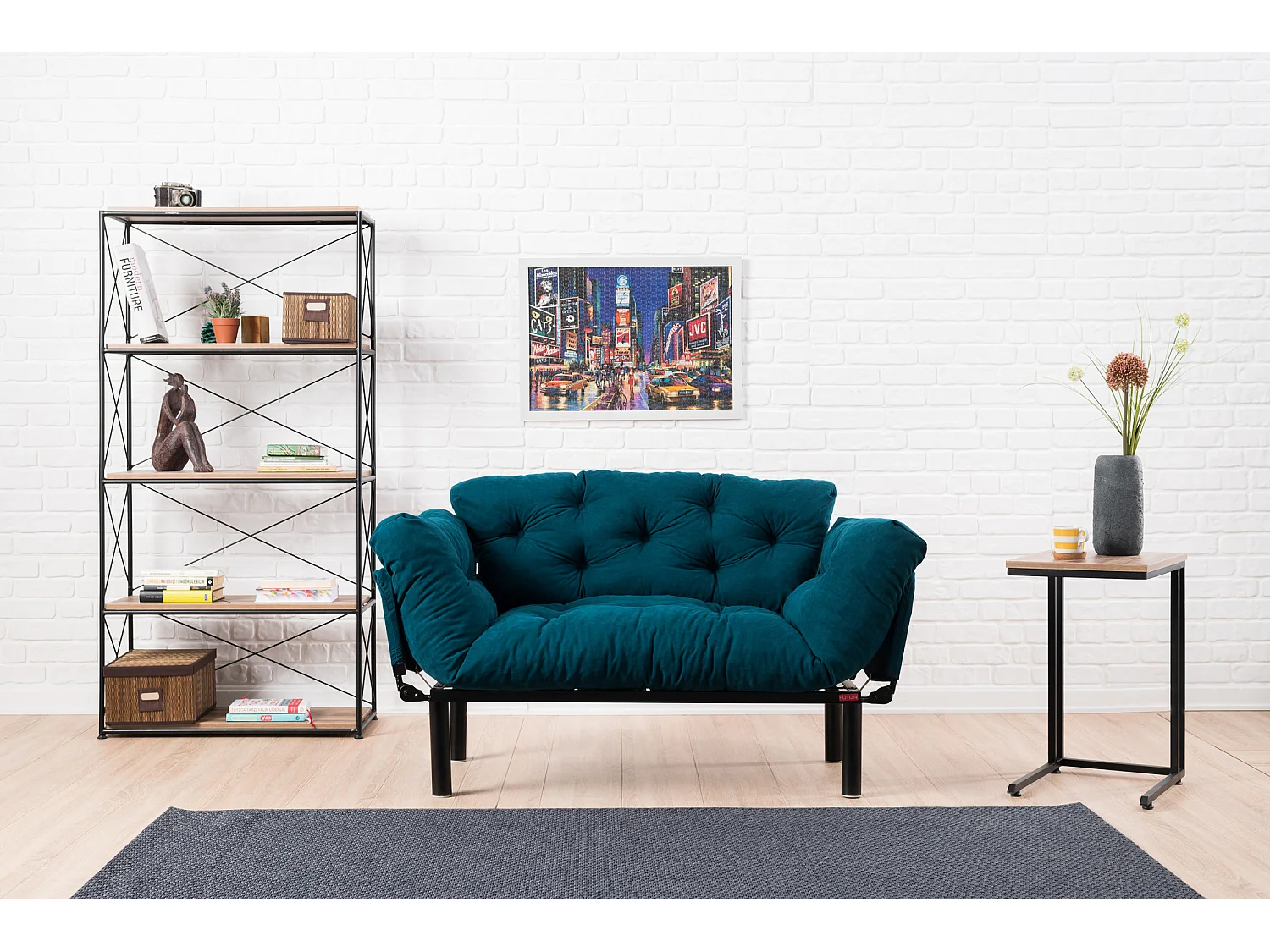 Canapé 2 places transformable en lit tissu bleu pétrole Pliaz 155cm