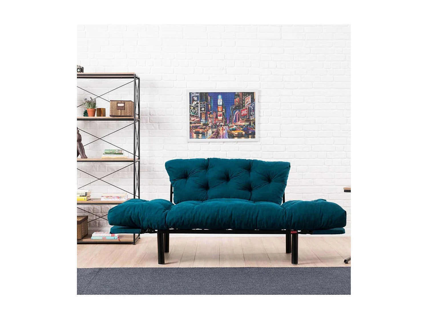 Canapé 2 places transformable en lit tissu bleu pétrole Pliaz 155cm