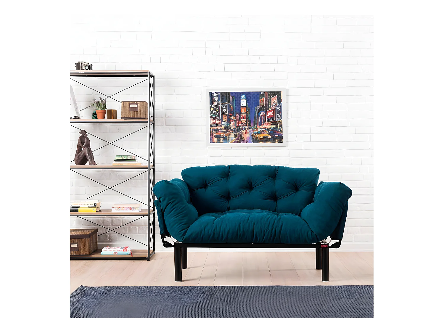 Canapé 2 places transformable en lit tissu bleu pétrole Pliaz 155cm