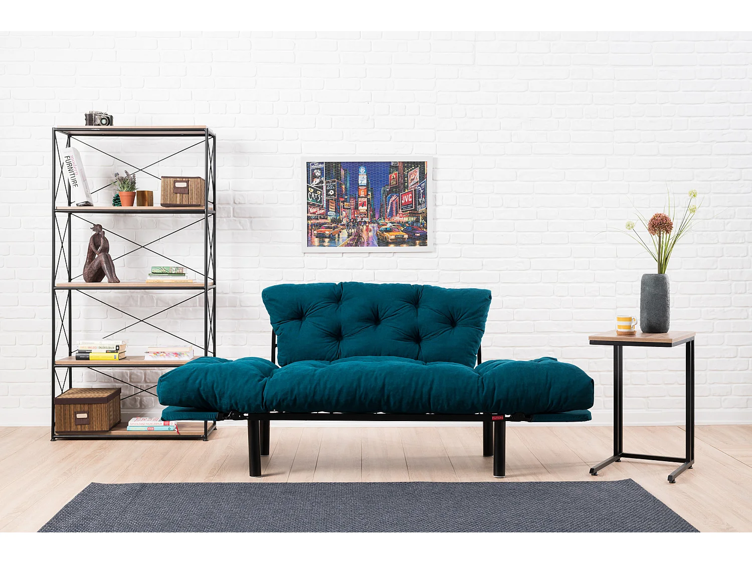 Canapé 2 places transformable en lit tissu bleu pétrole Pliaz 155cm