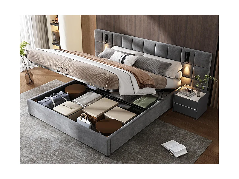 Samtbett mit Stauraum – 160 x 200 cm – mit LED und Ladeanschluss – Grau (Nachttisch nicht im Lieferumfang enthalten)