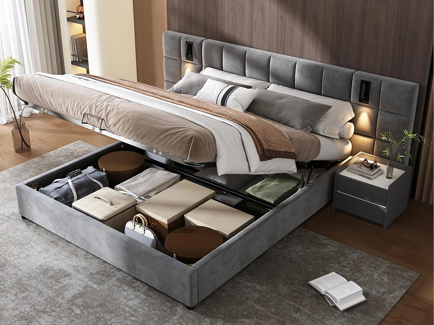 Samtbett mit Stauraum – 160 x 200 cm – mit LED und Ladeanschluss – Grau (Nachttisch nicht im Lieferumfang enthalten)