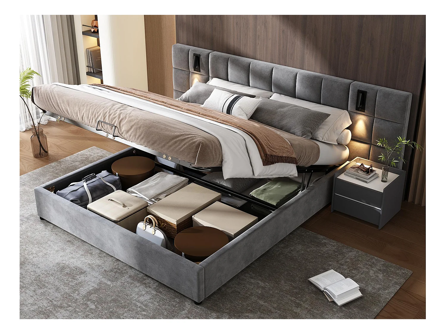Lit coffre en velours - 160x200cm - avec LED et port de recharge - Gris(table de chevet non compris)