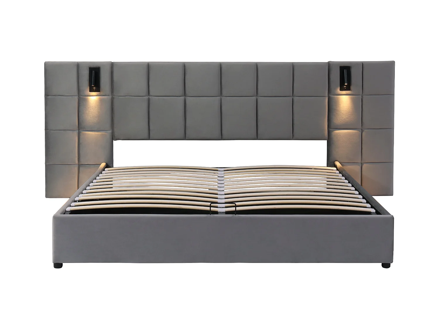 Cama contenedor de terciopelo - 160x200cm - con LED y puerto de carga - Gris (mesita de noche no incluida)