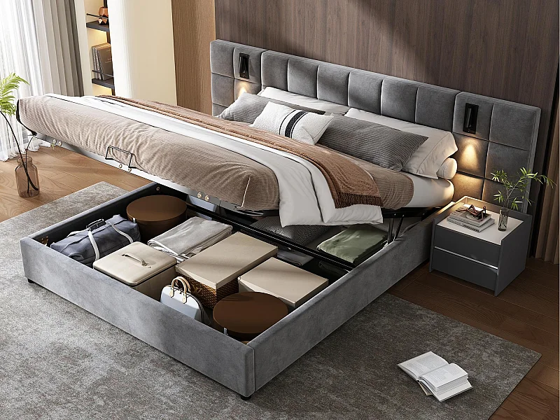 Lit coffre en velours - 160x200cm - avec LED et port de recharge - Gris(table de chevet non compris)
