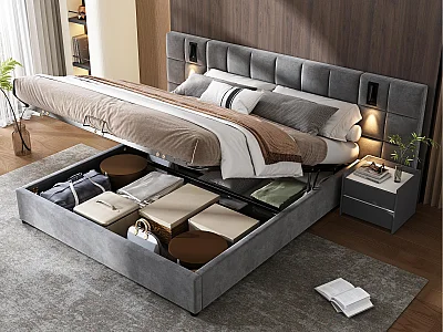 Lit coffre en velours - 160x200cm - avec LED et port de recharge - Gris(table de chevet non compris)