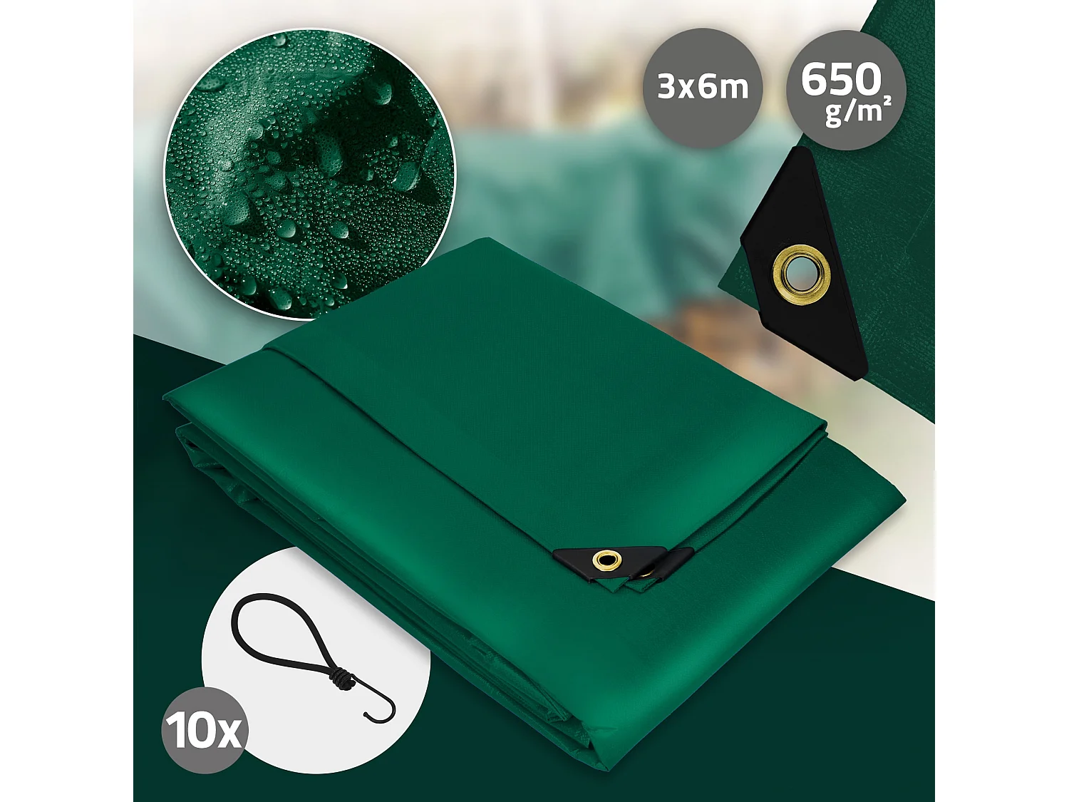 ECD Germany Bâche de couverture Premium Bâche en tissu avec oeillets, 6x3m 18m², 650g/m², vert, PVC, étanche, résistant à la déchirure