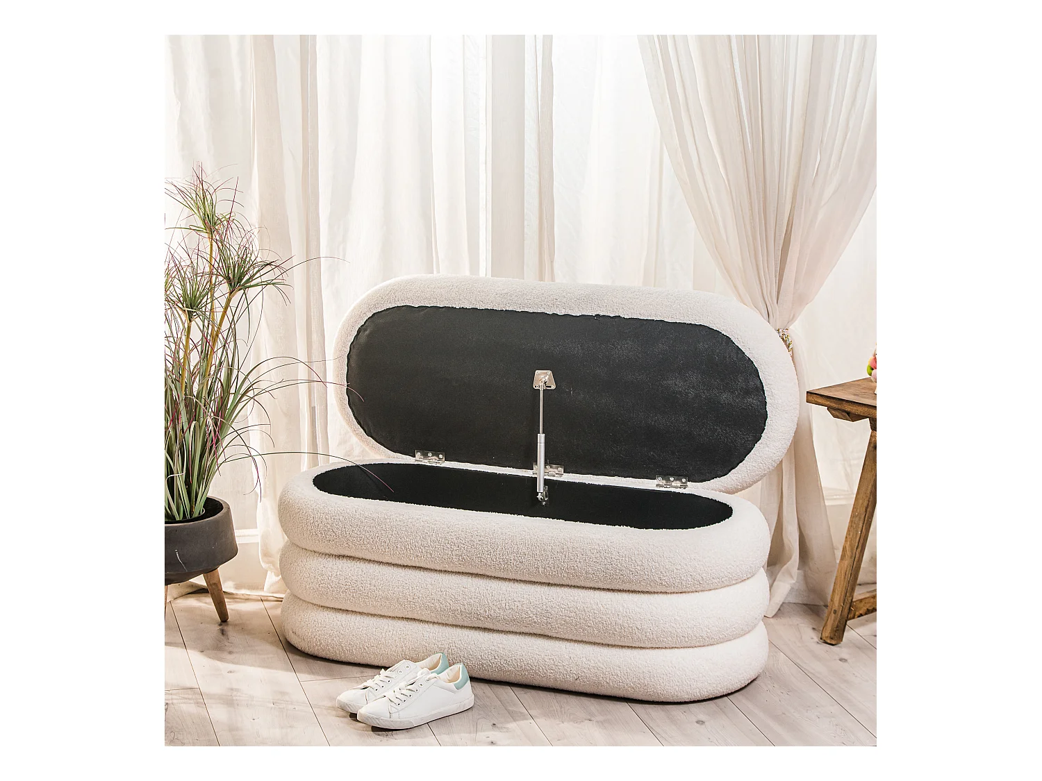 Banc coffre avec rangement en bouclettes blanches