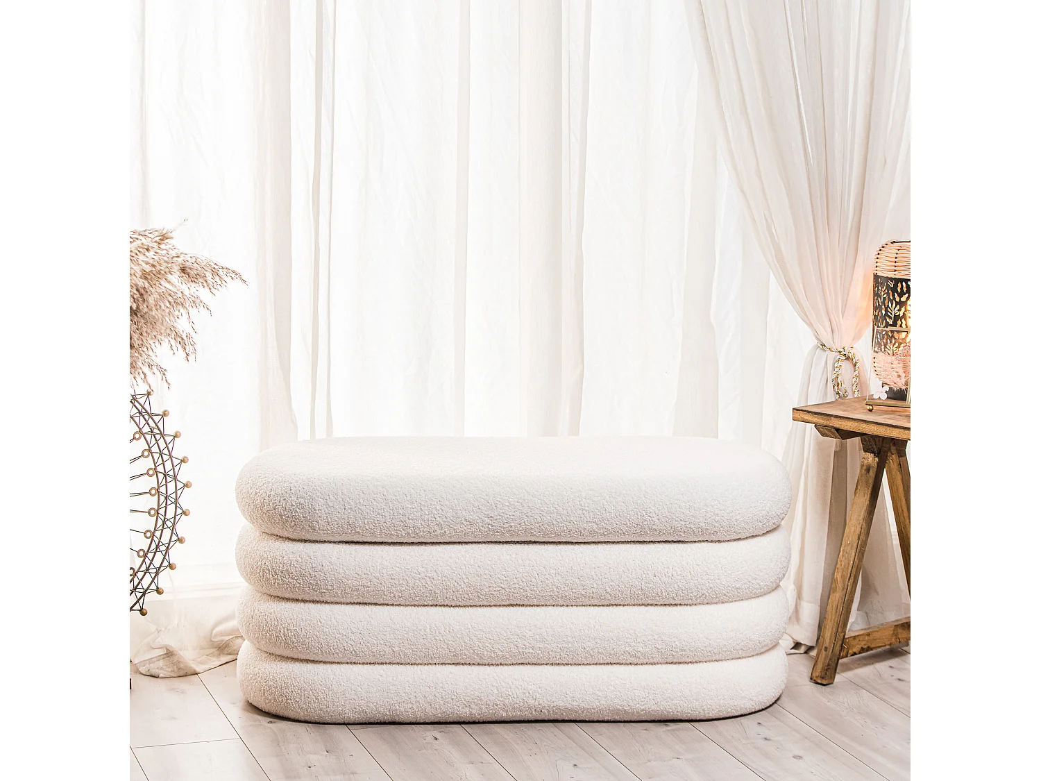 Banc coffre avec rangement en bouclettes blanches