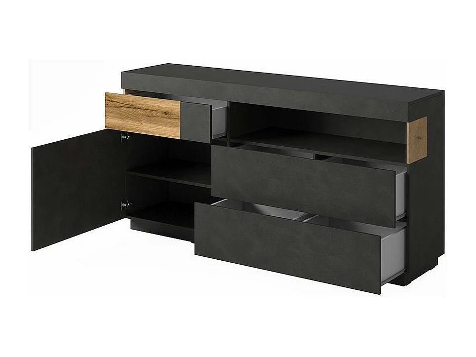 Coleção de buffet KILES 170cm. Cores cinza antracite e carvalho. Estilo design.