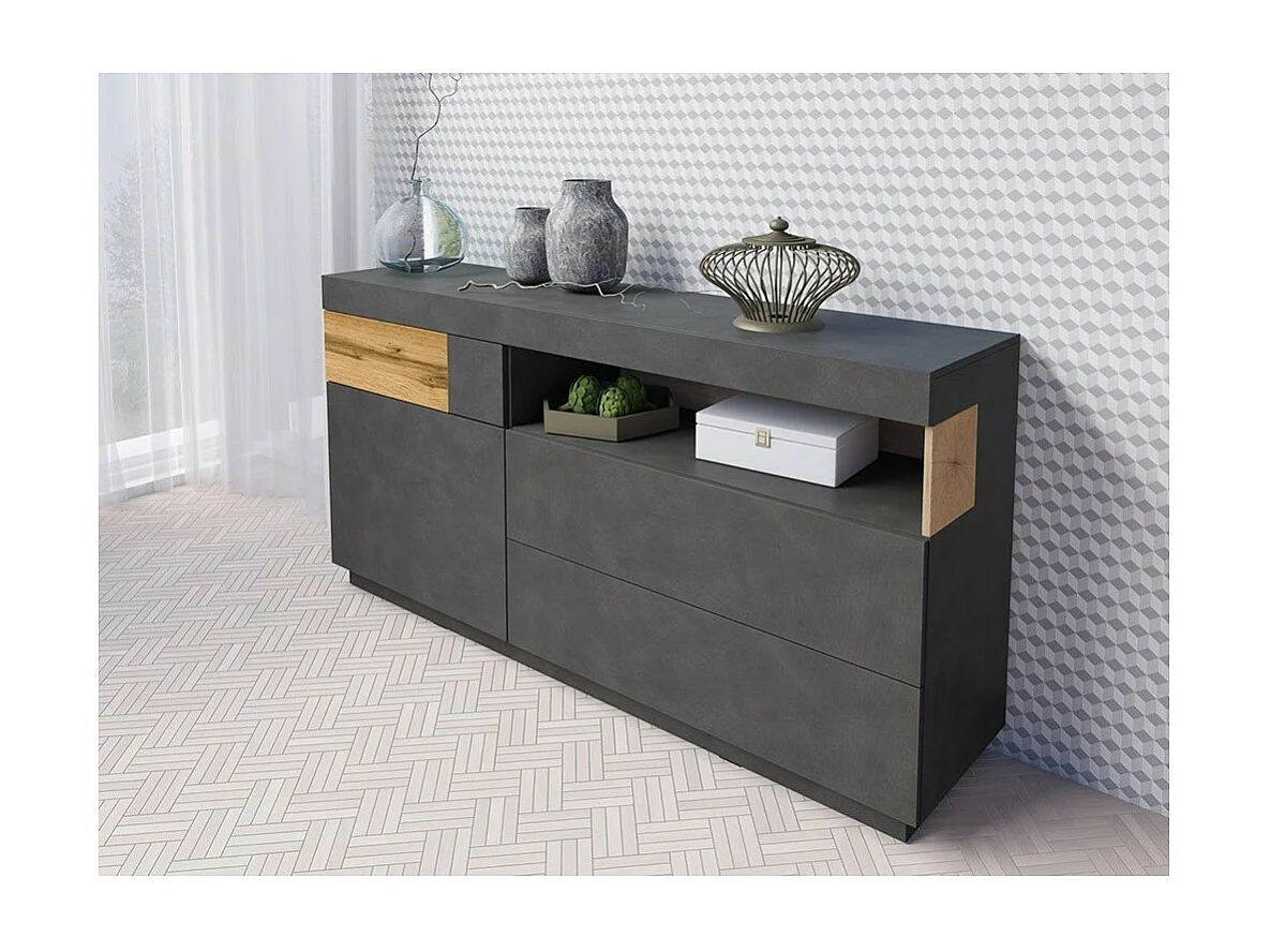 Coleção de buffet KILES 170cm. Cores cinza antracite e carvalho. Estilo design.