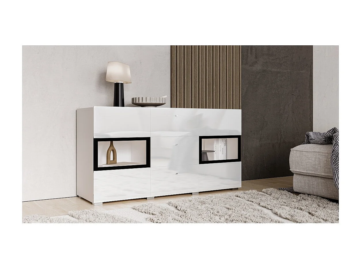 Buffetkast met 2 deuren en 3 laden uit de collectie RAMOS. Kleur glanzend wit en zwart.