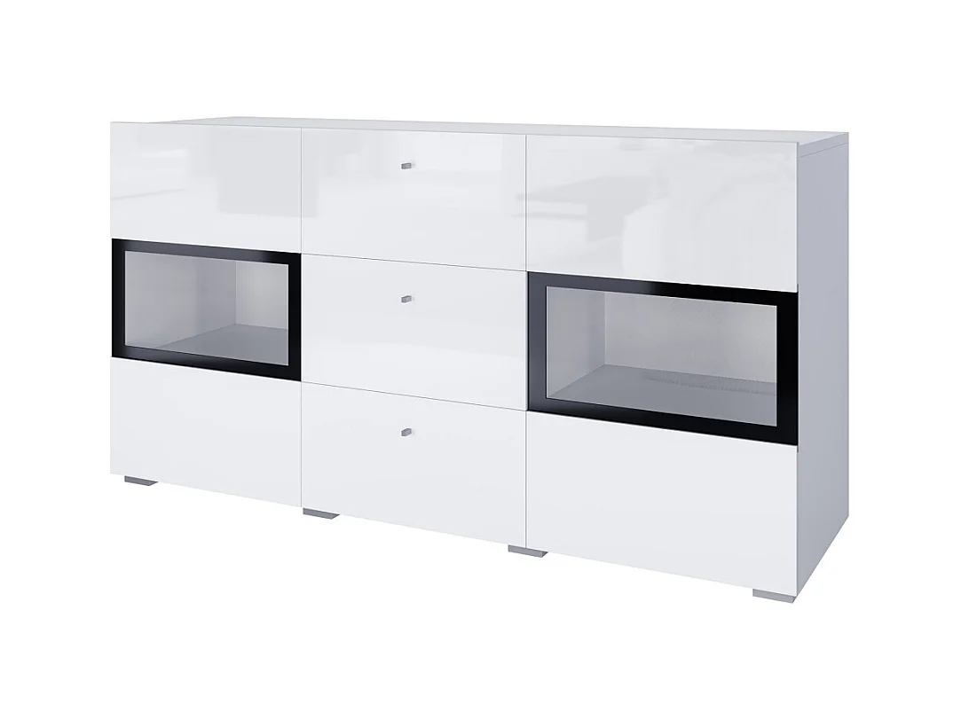 Buffet RAMOS – 2 portes vitrées + 3 tiroirs – Coloris blanc brillant et noir – LED non incluse