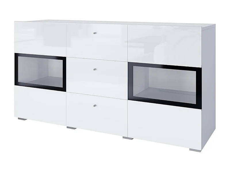 Buffet RAMOS – 2 portes vitrées + 3 tiroirs – Coloris blanc brillant et noir – LED non incluse
