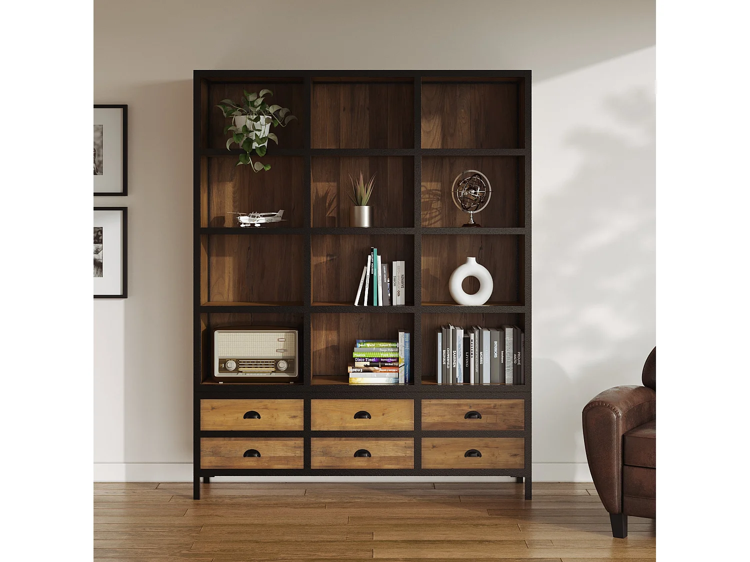 Libreria a 6 cassetti 12 nicchie in metallo e legno di cedro - Shelby