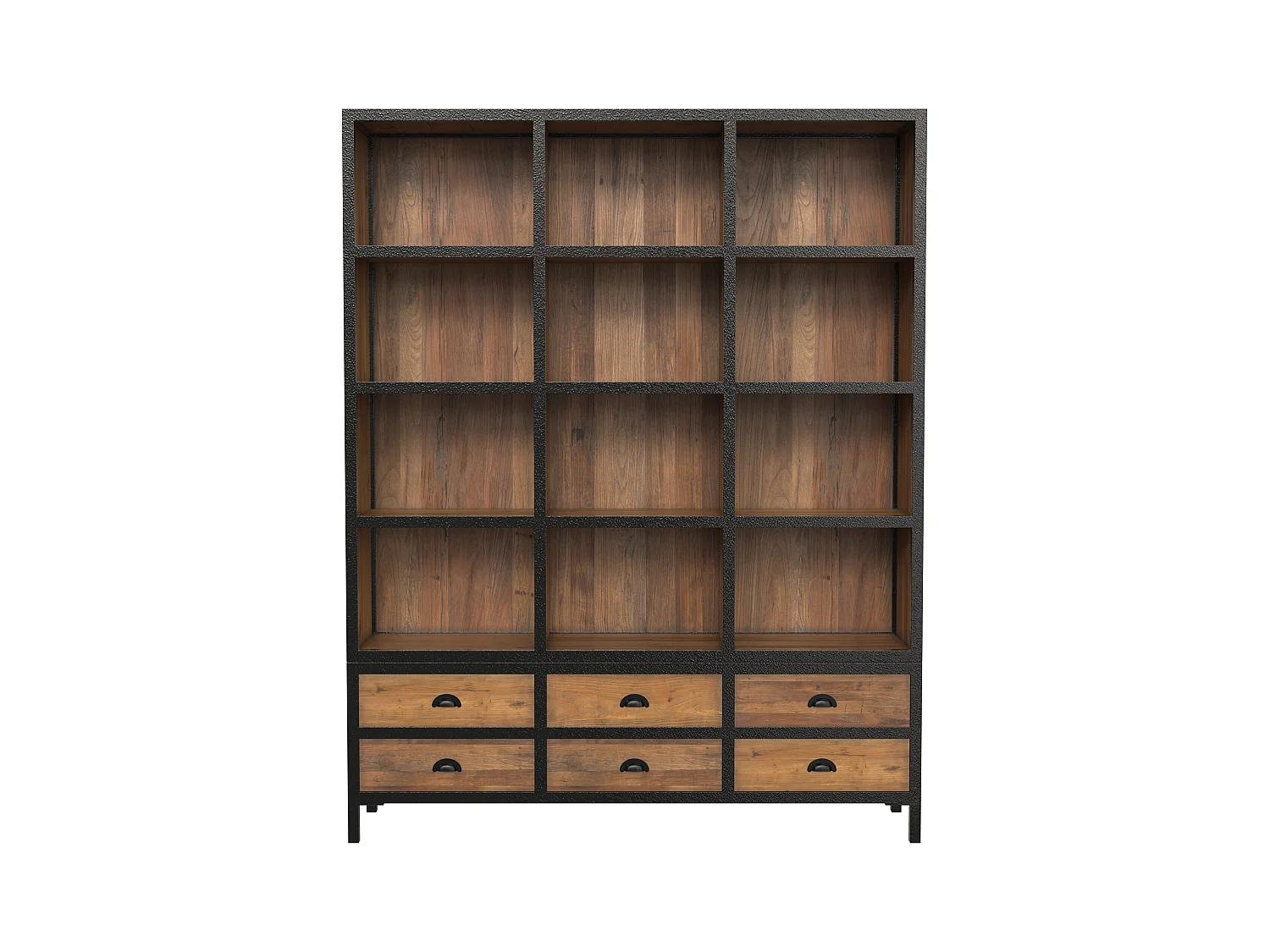 Bibliothèque 6 tiroirs 12 niches en métal et bois de cèdre - Shelby