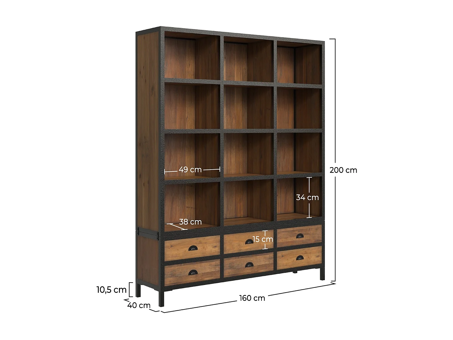 Bibliothèque 6 tiroirs 12 niches en métal et bois de cèdre - Shelby