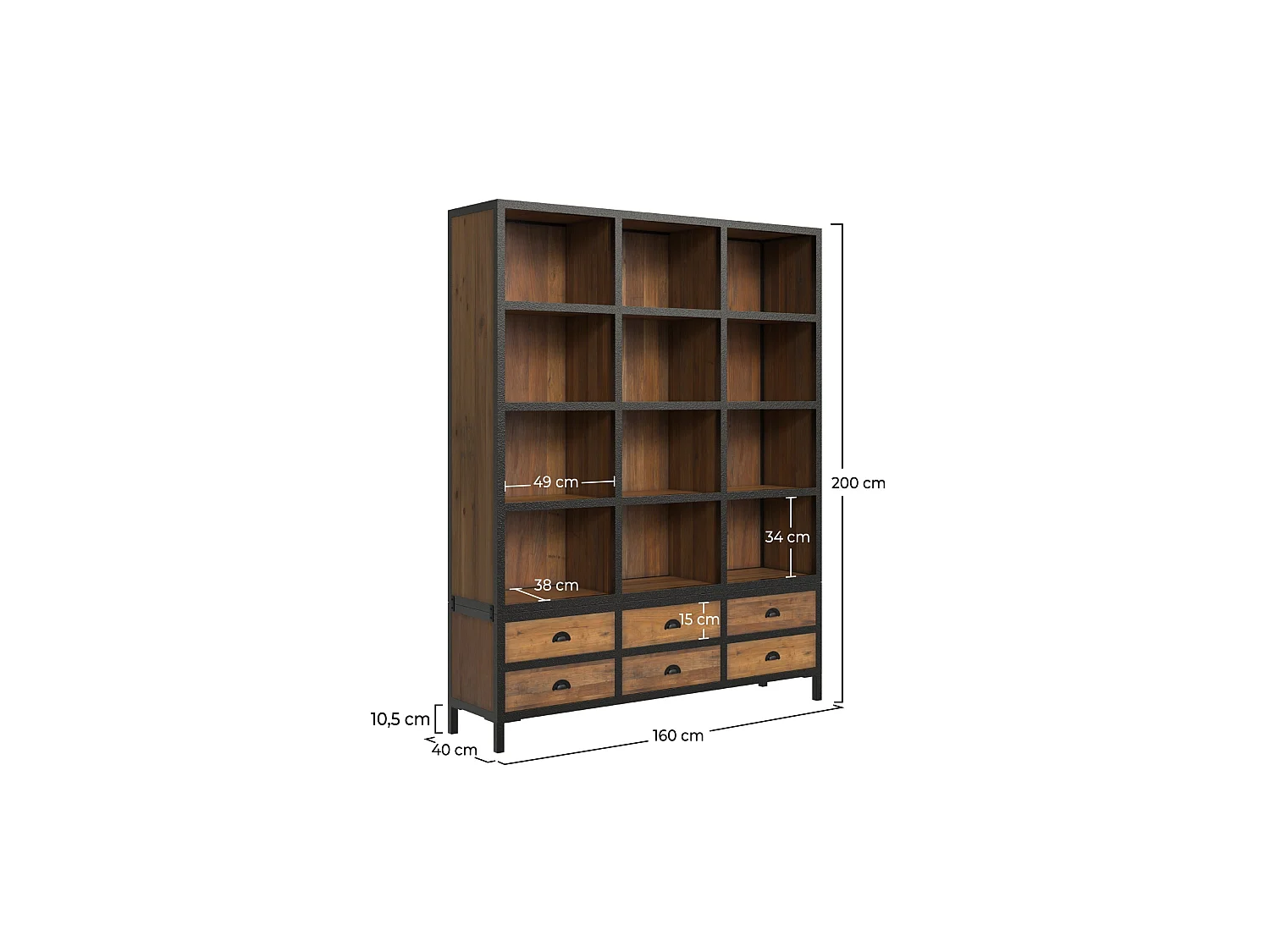 Librería 6 cajones 12 nichos en metal y madera de cedro - Shelby