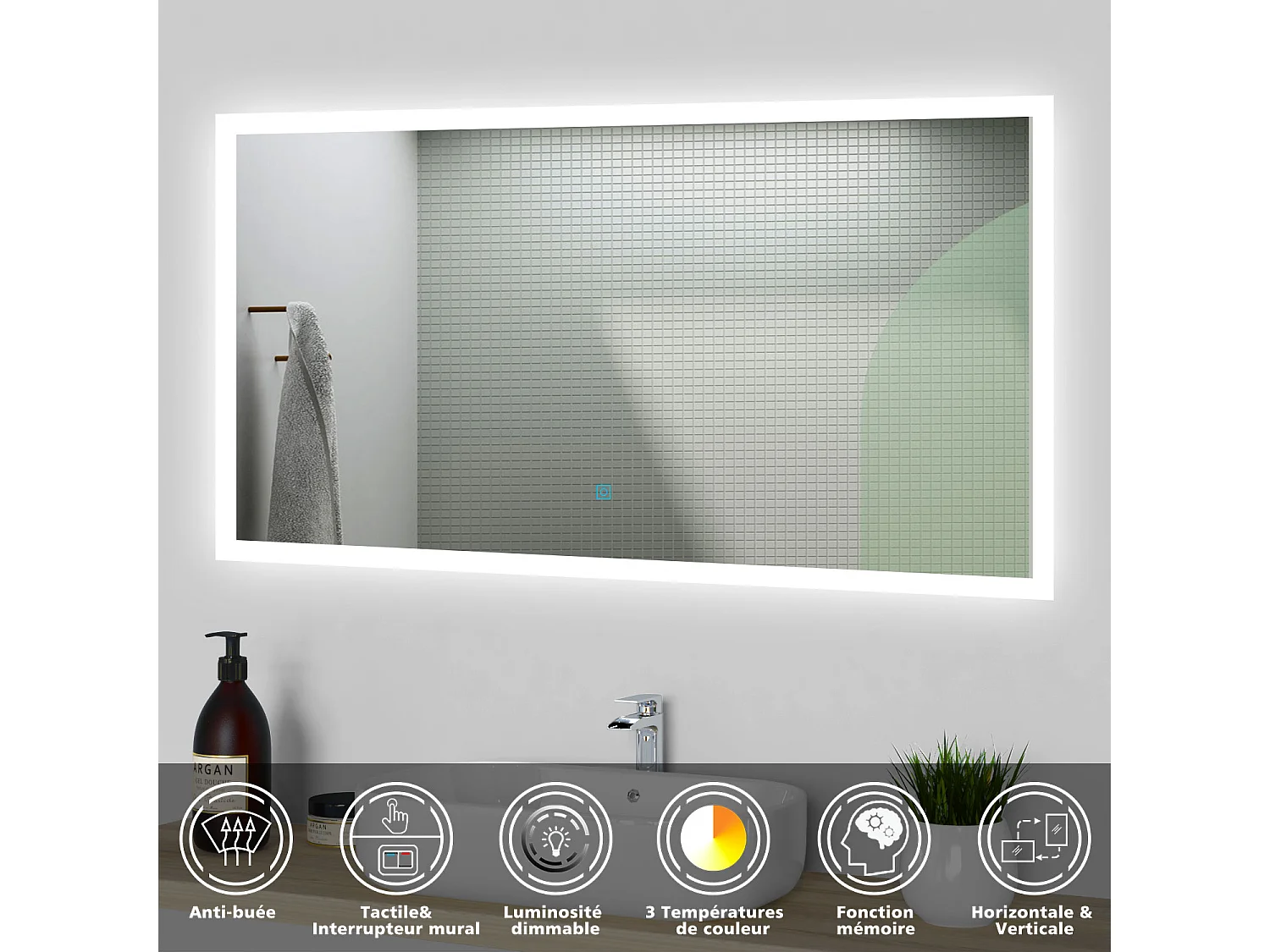 Miroir lumineux 80 x 60cm avec 3 Couleurs + Dimmable + Anti-buée, Mural Miroir salle de bain