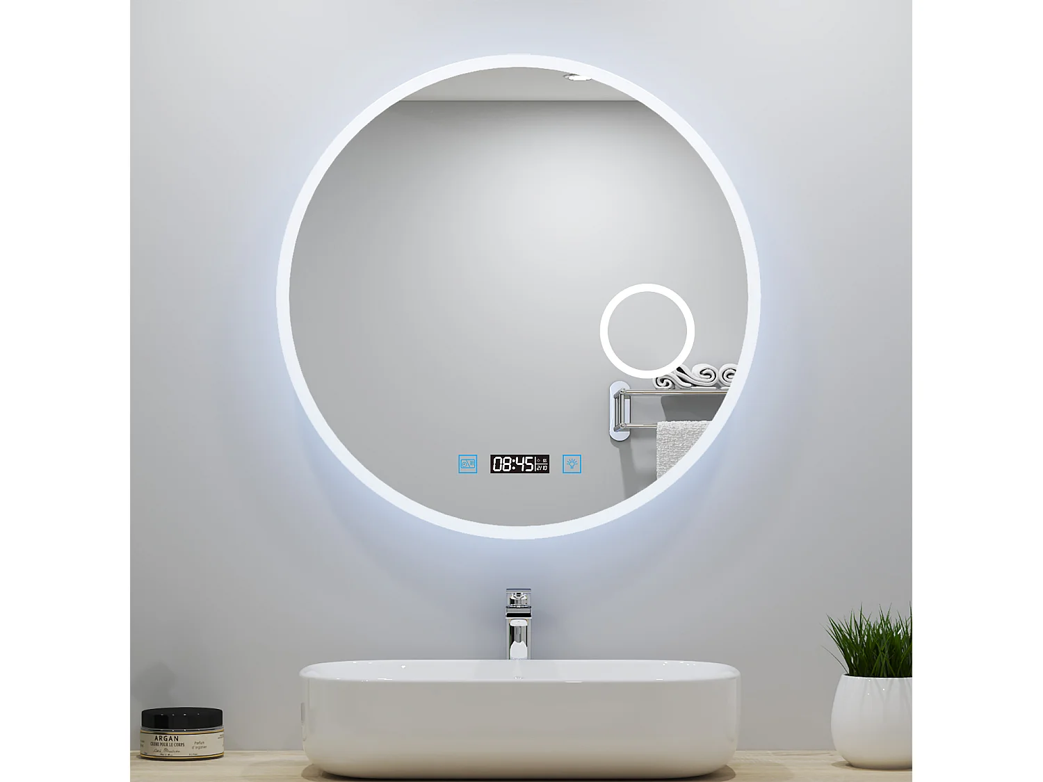 Miroir lumineux Rond 70cm avec Horloge + 3 Couleurs + Dimmable + Anti-buée + grossissant 3x