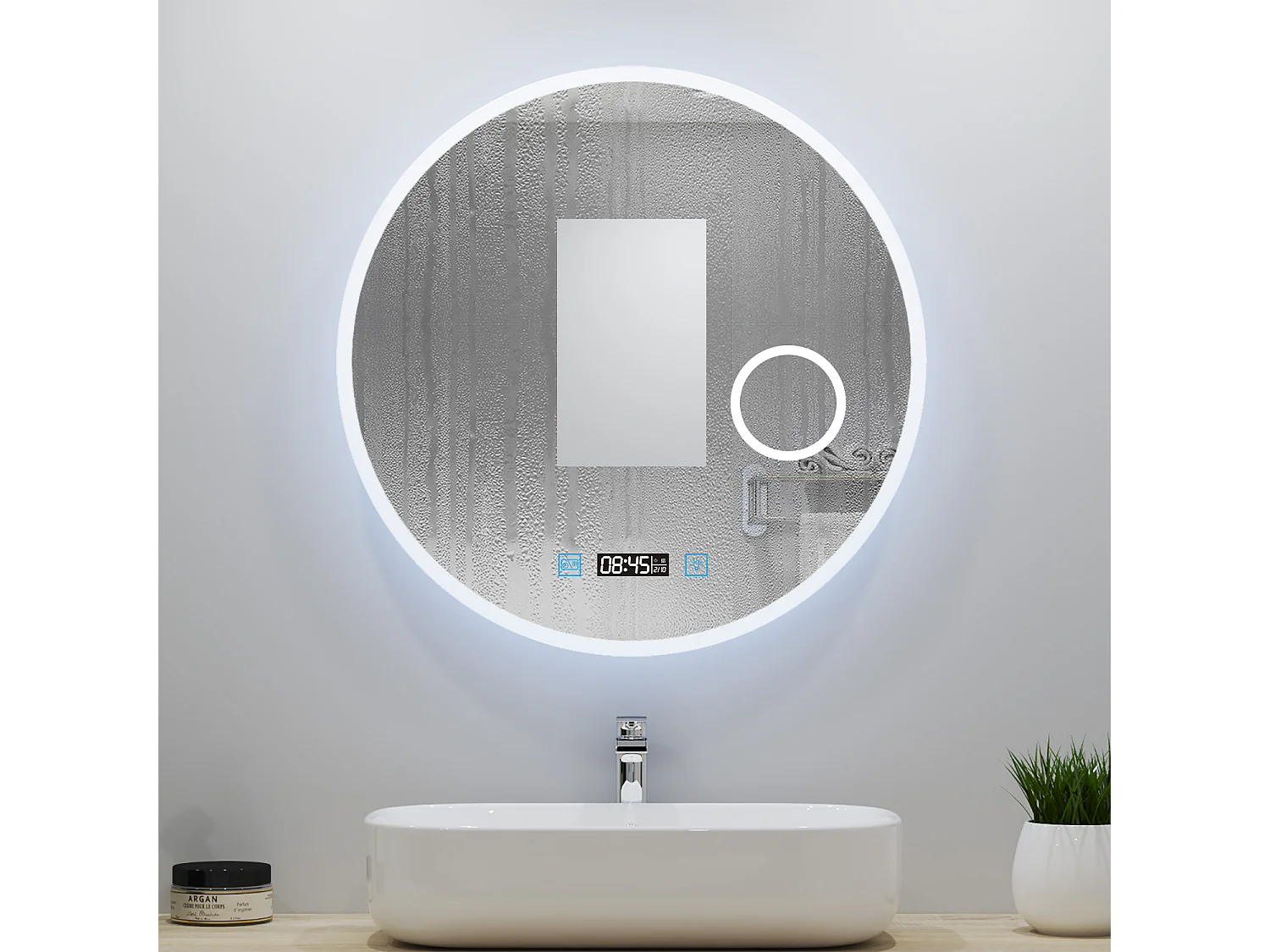 Miroir lumineux Rond 70cm avec Horloge + 3 Couleurs + Dimmable + Anti-buée + grossissant 3x