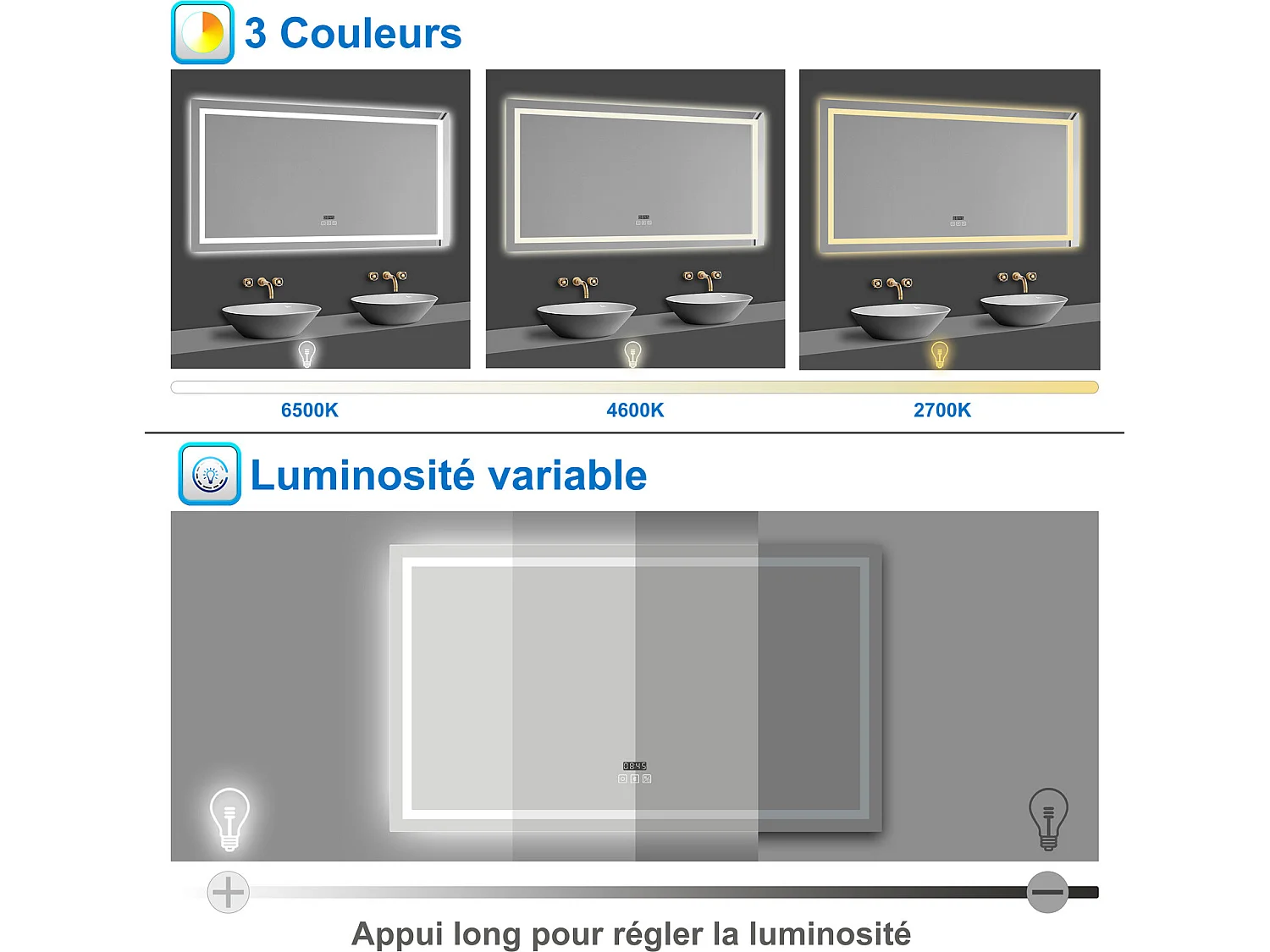 Miroir lumineux avec Bluetooth 80 x 60cm, miroir avec Horloge + 3 Couleurs + Dimmable + Anti-buée, Miroir de Salle de Bain IP44 rectangulaire