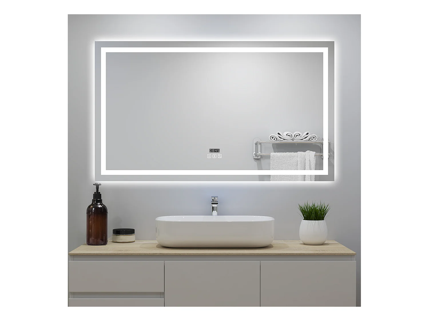 Miroir lumineux avec Bluetooth 80 x 60cm, miroir avec Horloge + 3 Couleurs + Dimmable + Anti-buée, Miroir de Salle de Bain IP44 rectangulaire