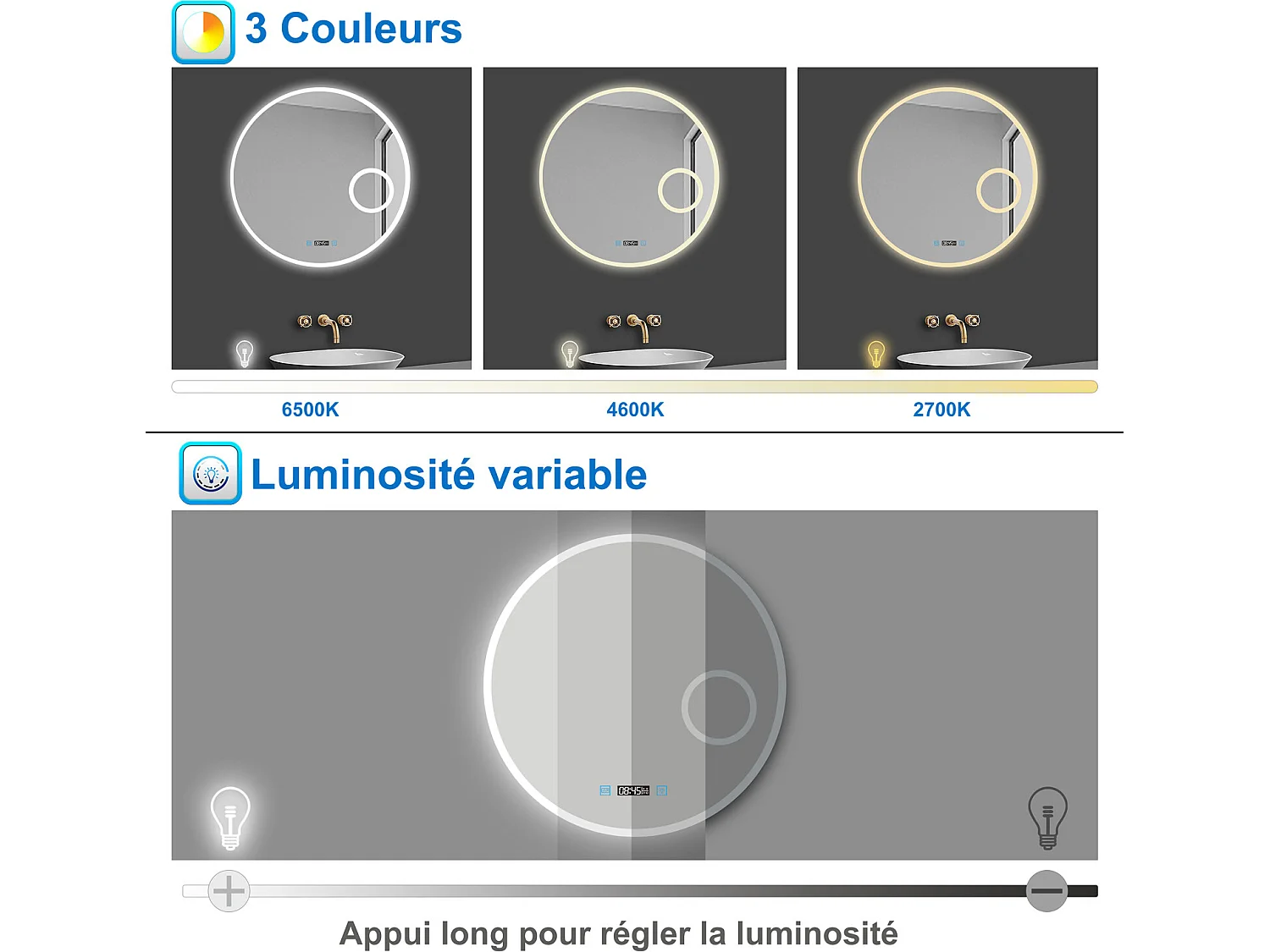 Miroir lumineux Rond 60cm avec Horloge + 3 Couleurs + Dimmable + Anti-buée + grossissant 3x