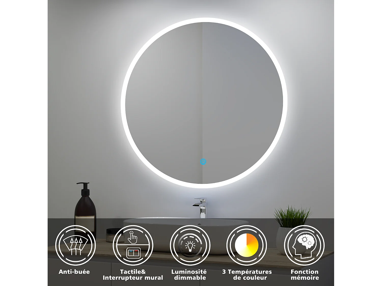 Miroir lumineux rond 80cm avec 3 Couleurs + Dimmable + Anti-buée, Mural Miroir salle de bain
