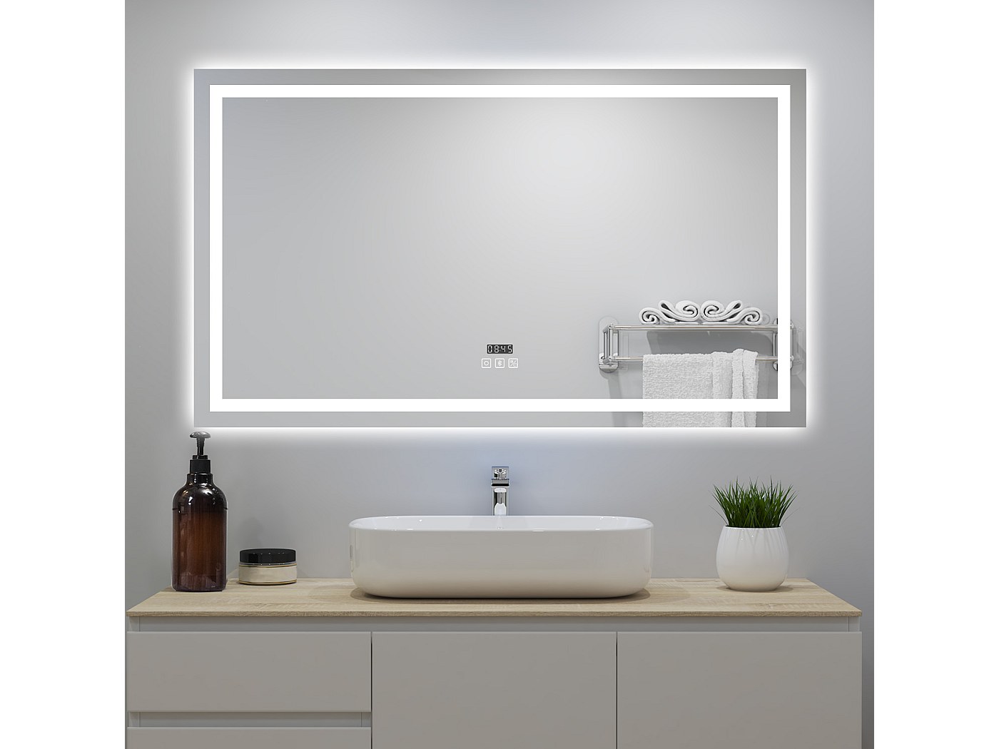 Miroir lumineux avec Bluetooth 140 x 80cm, miroir avec Horloge + 3