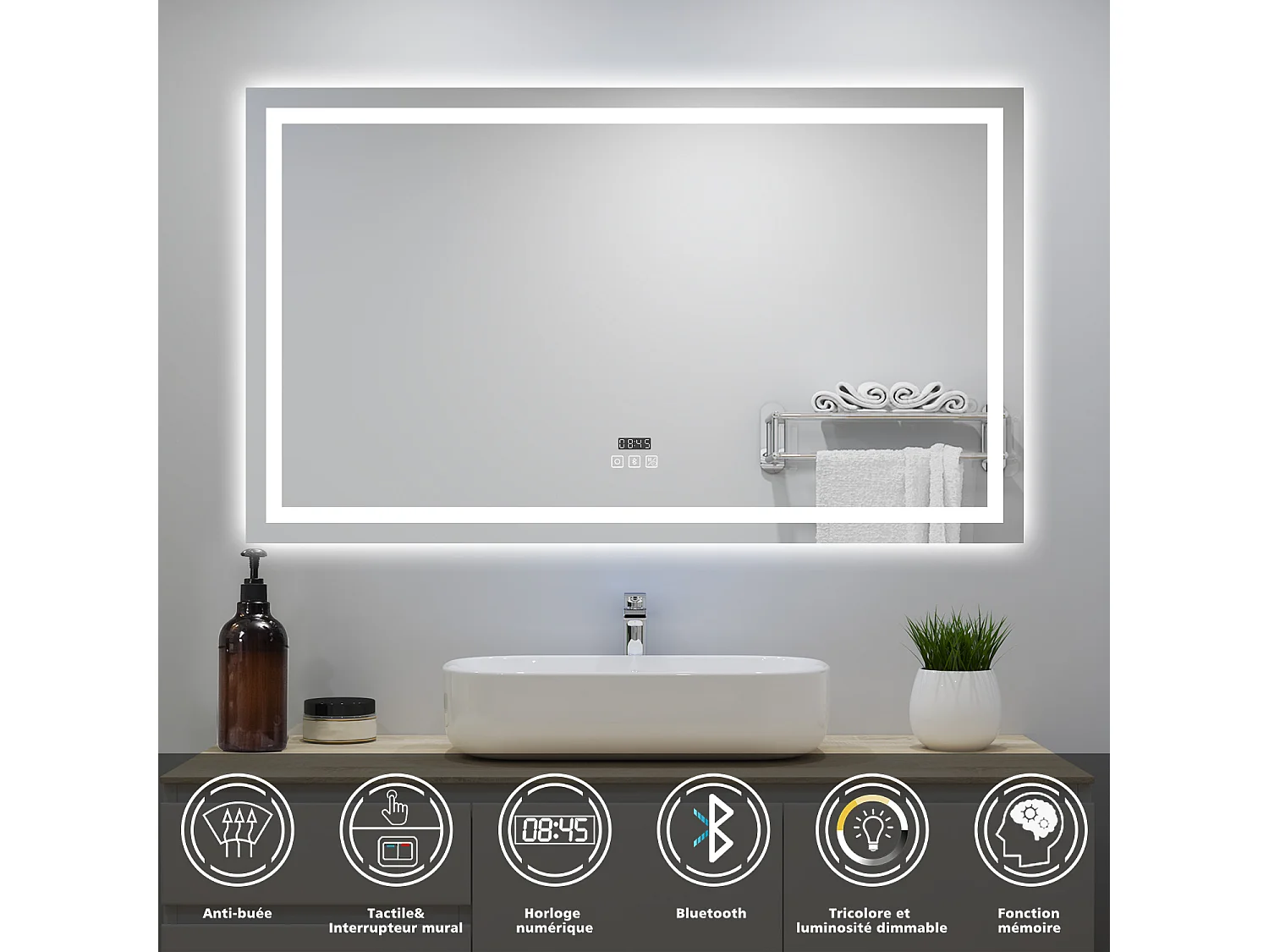 Miroir lumineux avec Bluetooth 140 x 80cm, miroir avec Horloge + 3 Couleurs + Dimmable + Anti-buée, Miroir de Salle de Bain IP44 rectangulaire