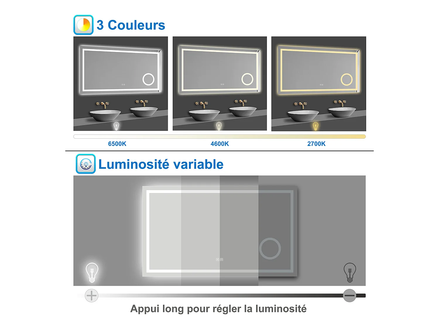 Miroir Lumineux avec Bluetooth 120 x 70cm, 3 Couleurs + Dimmable + Anti-buée + grossissant 3x,Mural Miroir Salle de Bain