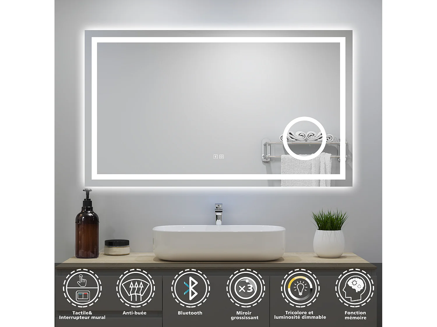 Miroir Lumineux avec Bluetooth 80 x 60cm, 3 Couleurs + Dimmable + Anti-buée + grossissant 3x，Mural Miroir Salle de Bain
