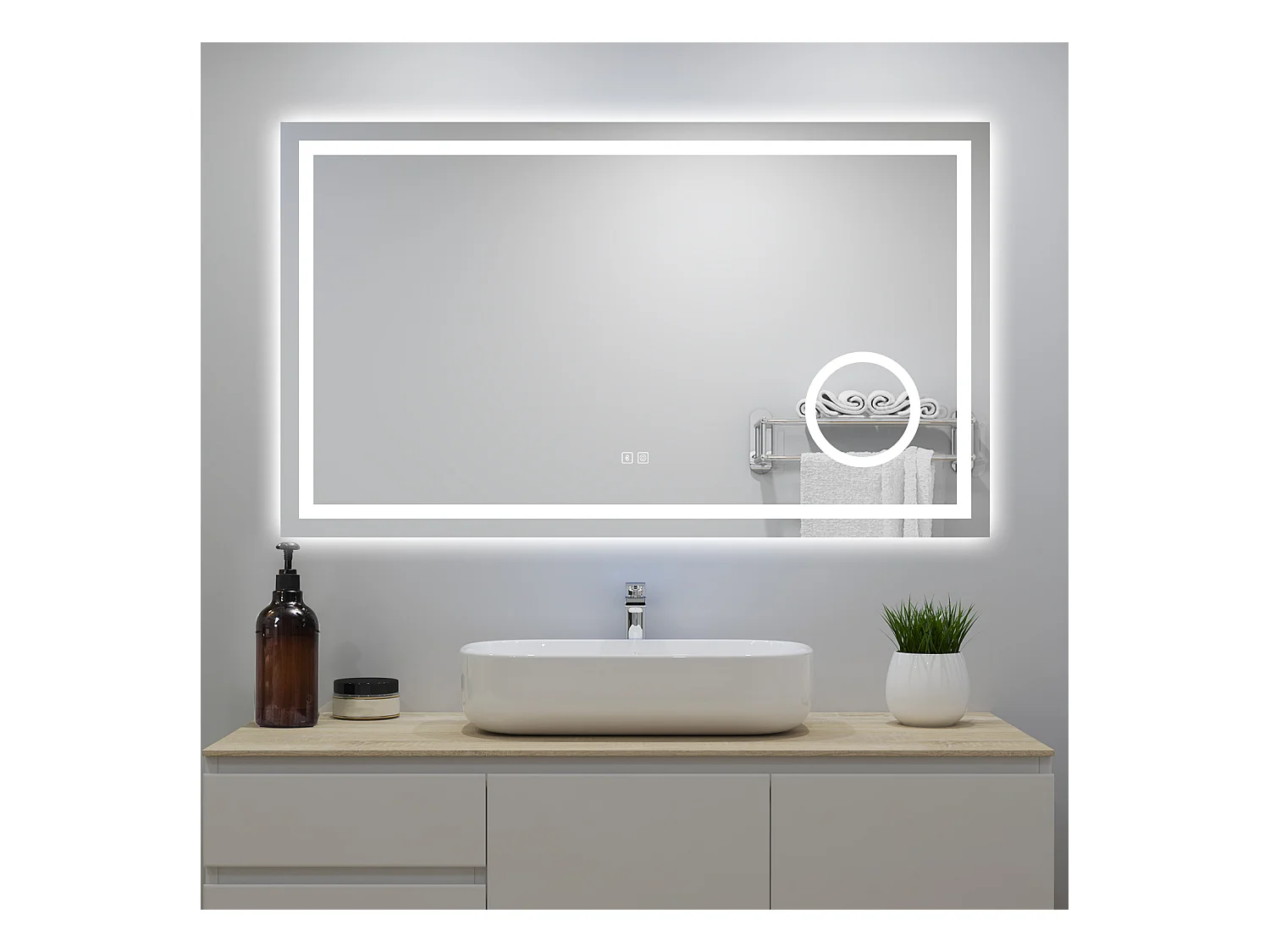 Miroir Lumineux avec Bluetooth 80 x 60cm, 3 Couleurs + Dimmable + Anti-buée + grossissant 3x，Mural Miroir Salle de Bain