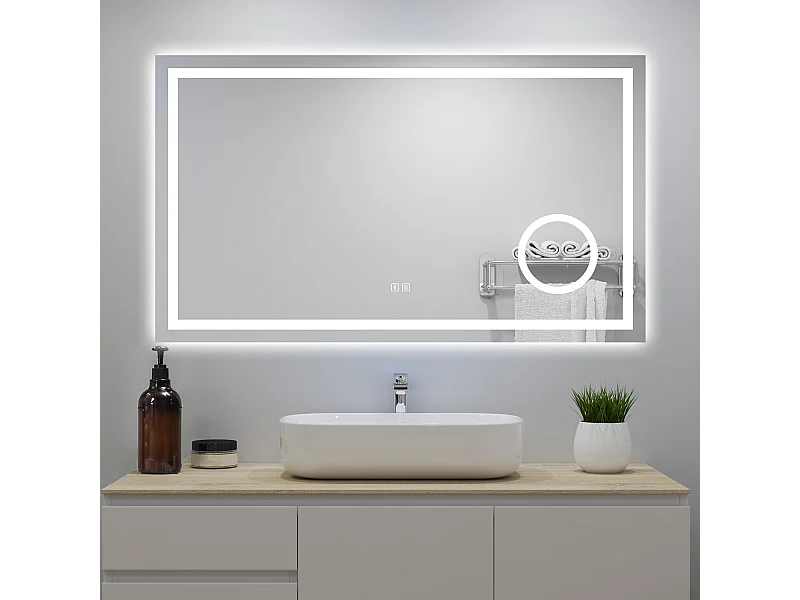 Miroir Lumineux avec Bluetooth 80 x 60cm, 3 Couleurs + Dimmable + Anti-buée + grossissant 3x，Mural Miroir Salle de Bain