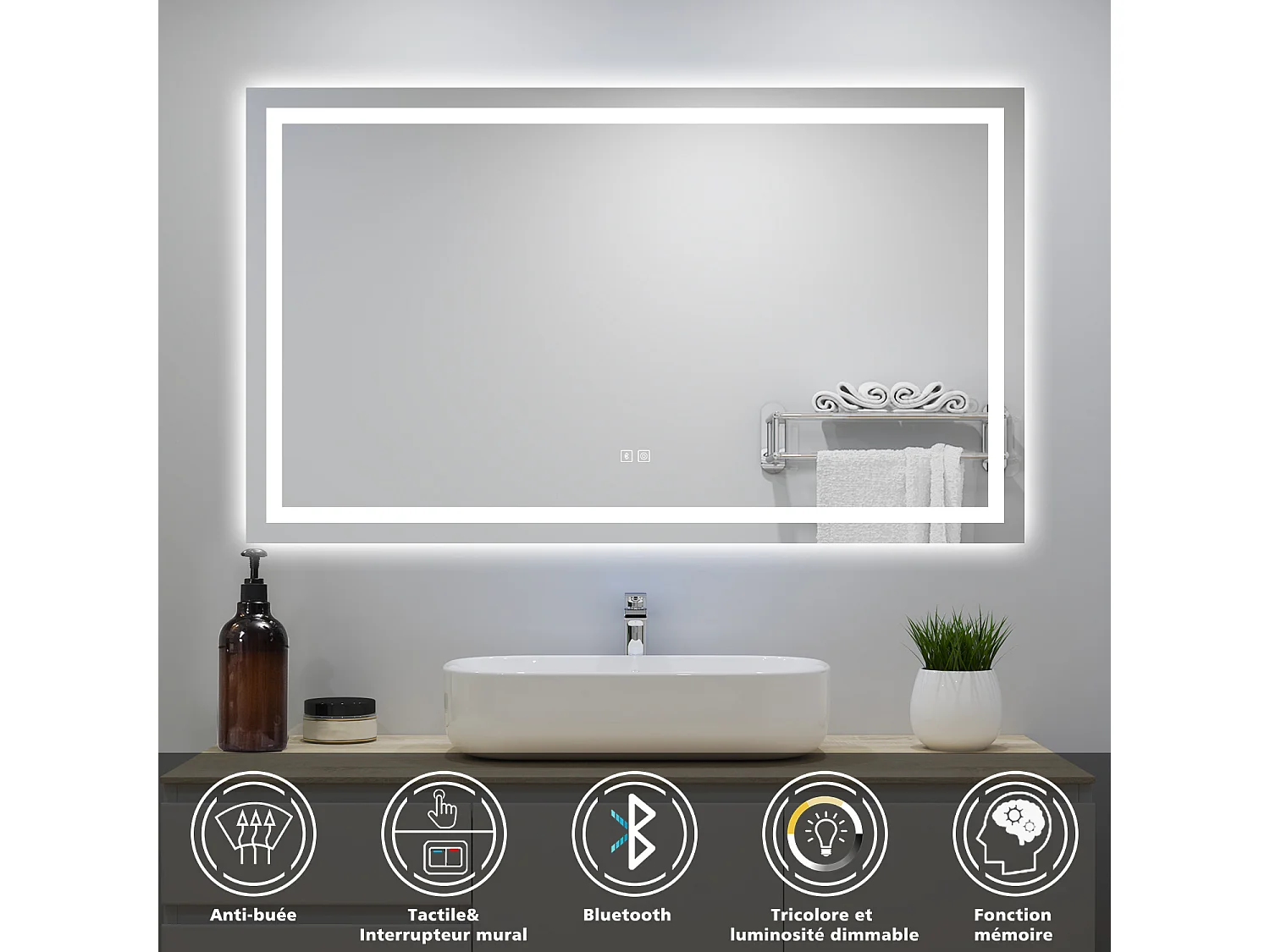Miroir lumineux avec Bluetooth 140x80cm, Miroir de salle de bain avec anti-buée + 3 Couleurs + Dimmable, Miroir mural IP44 rectangulaire