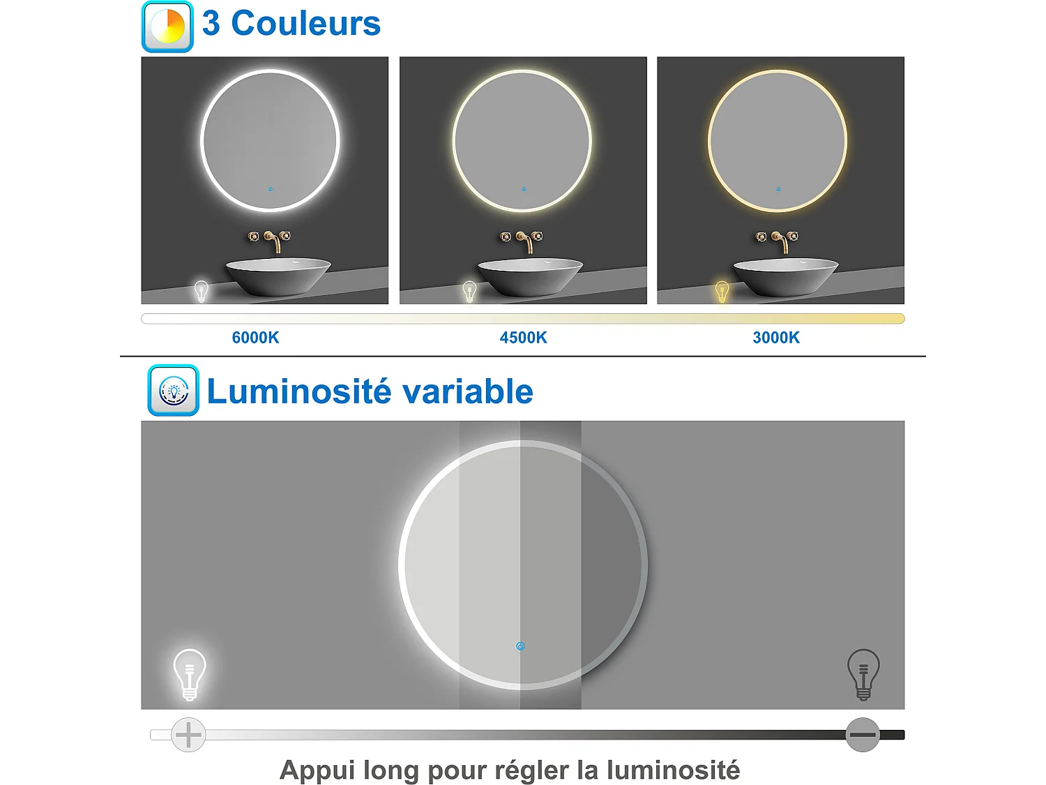 Miroir lumineux rond 70cm avec 3 Couleurs + Dimmable + Anti-buée, Mural Miroir salle de bain