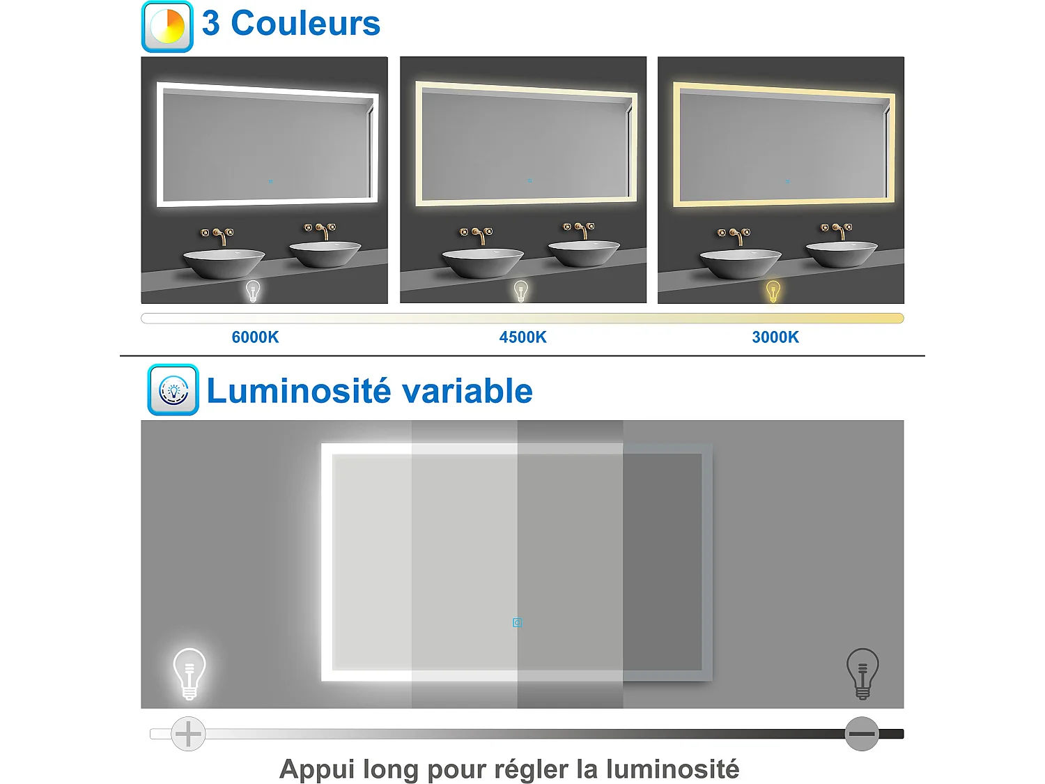 Miroir lumineux 70 x 50cm avec 3 Couleurs + Dimmable + Anti-buée, Mural Miroir salle de bain