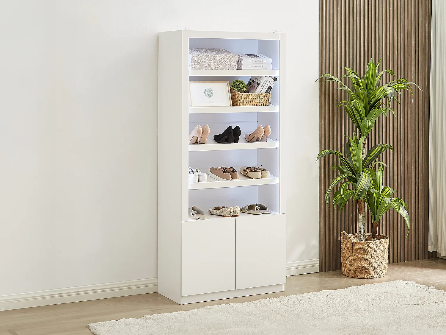Mueble zapatero de 5 estantes y 2 puertas con luces LED en MDF - Blanco - DOLMINA