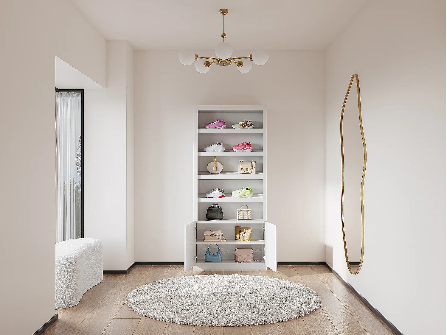 Mueble zapatero de 5 estantes y 2 puertas con luces LED en MDF - Blanco - DOLMINA