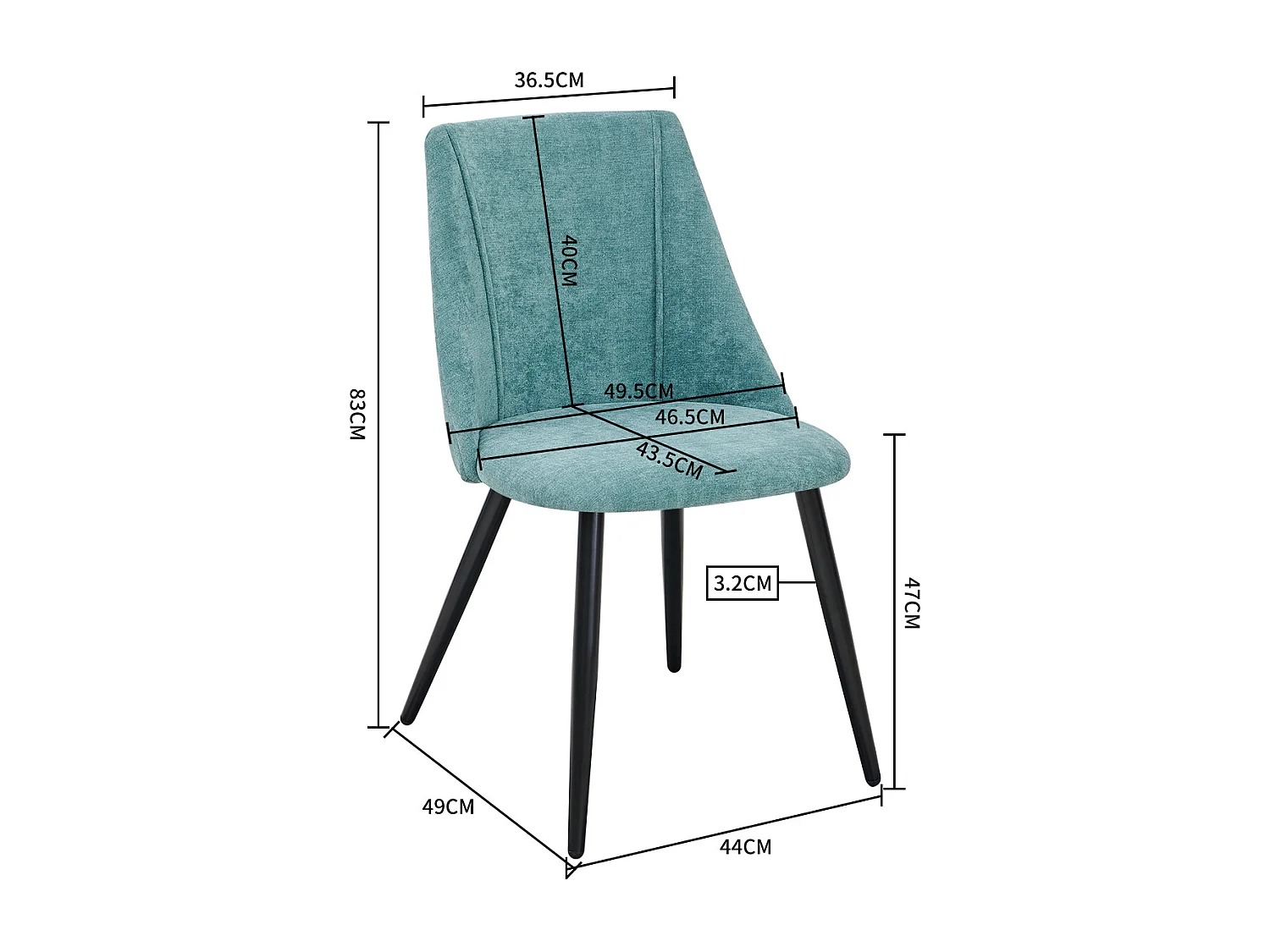 Set di 2 sedie per sala da pranzo scandinave in tessuto verde turchese SMEG TERRY GREEN BLACK LEG UKFR