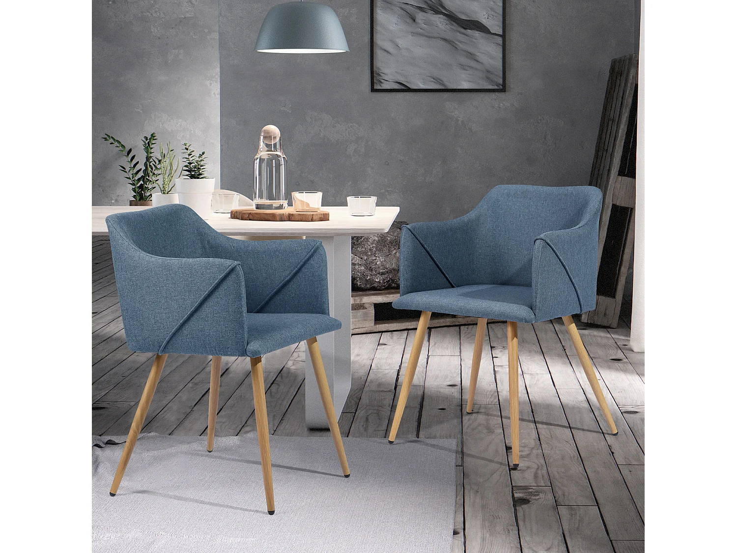 Juego de 2 sillas de comedor escandinavas en tela azul petróleo, patas de madera, ALDRIDGE BLUE OAK LEG