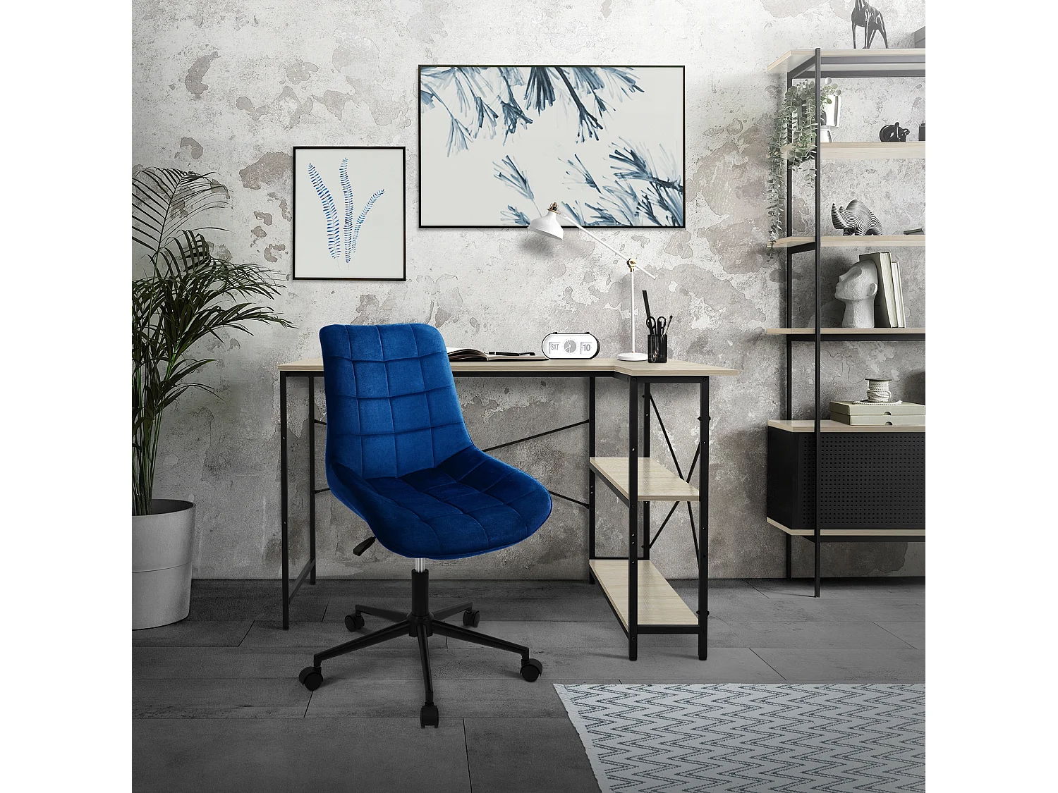 ML-Design Sedia da ufficio ergonomica blu in velluto girevole 360° schienale regolabile altezza struttura in metallo e 5 rotelle per casa o studio