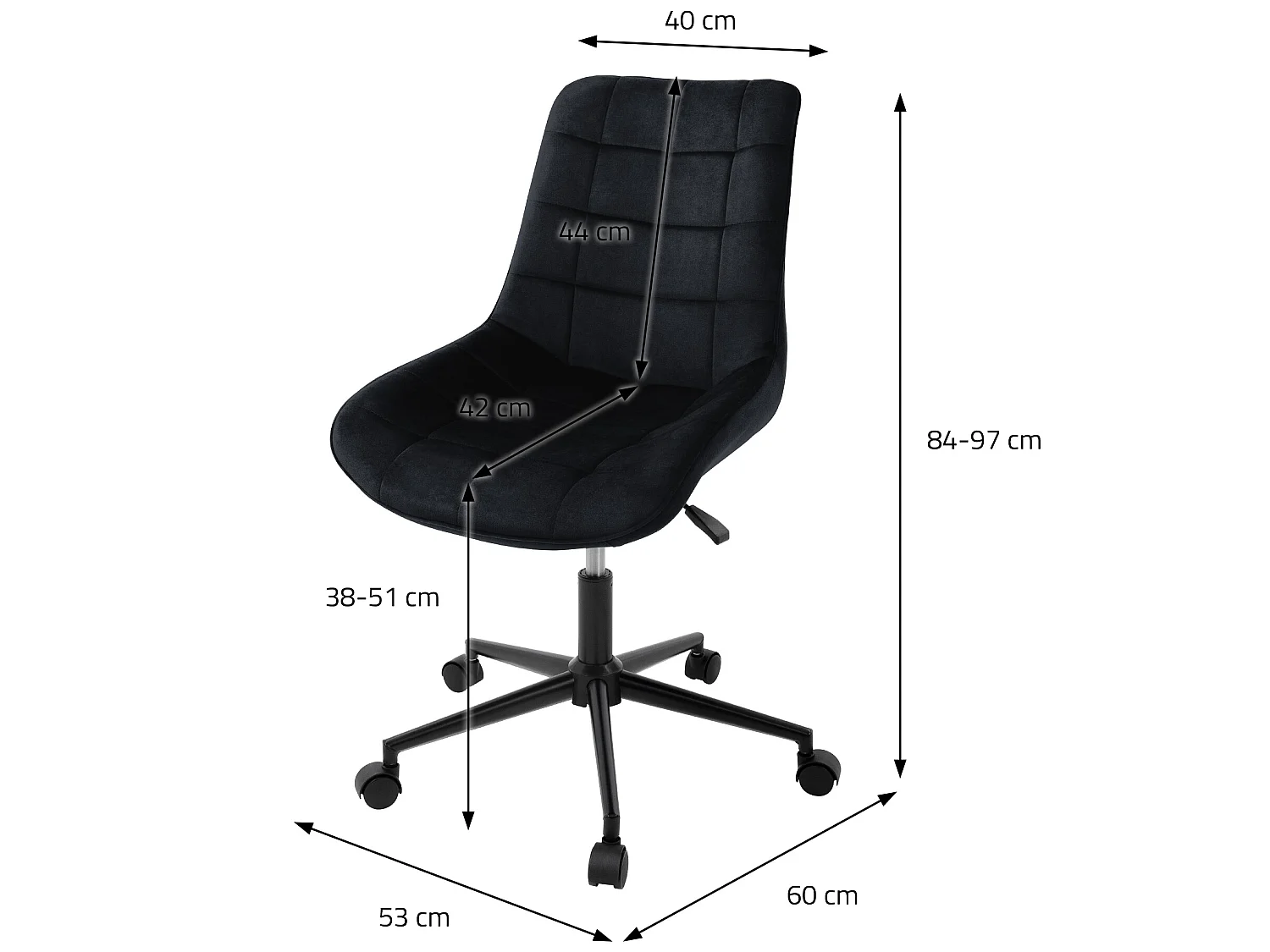 Sedia da ufficio nera con rotelle con rivestimento in velluto e base in metallo ML-Design